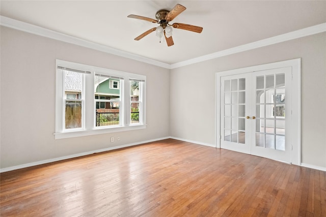 unfurnished room with ceiling fan, french doors, ornamental molding, and light hardwood / wood-style floors