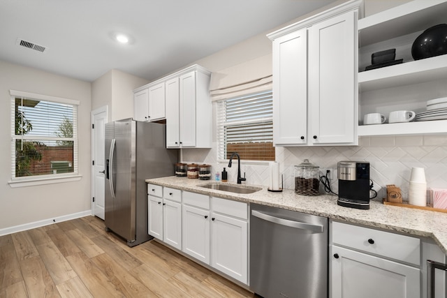 kitchen with tasteful backsplash, sink, light stone countertops, appliances with stainless steel finishes, and white cabinets