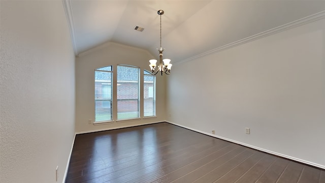 unfurnished room with dark hardwood / wood-style floors, ornamental molding, a notable chandelier, and vaulted ceiling