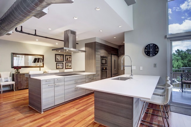 kitchen featuring stainless steel appliances, light hardwood / wood-style floors, sink, kitchen peninsula, and island range hood