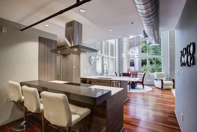 kitchen featuring floor to ceiling windows, a center island, sink, island exhaust hood, and dark wood-type flooring