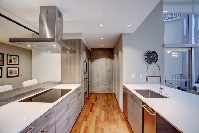 kitchen featuring dishwasher, light hardwood / wood-style floors, sink, island range hood, and black electric cooktop