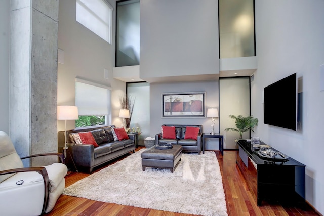 living room featuring a high ceiling and hardwood / wood-style flooring