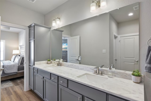 bathroom with hardwood / wood-style flooring and vanity