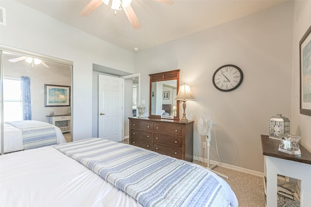 bedroom with ceiling fan and carpet