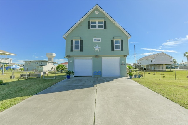 exterior space with a garage and a yard