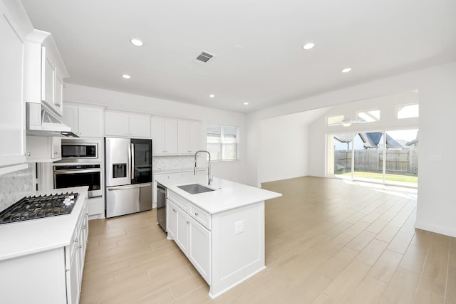 kitchen with white cabinets, sink, stainless steel appliances, and a center island with sink