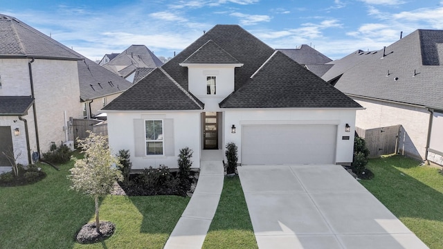 view of front of property with a front yard and a garage