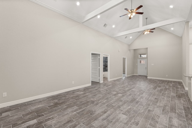 unfurnished living room featuring ceiling fan, beam ceiling, and high vaulted ceiling