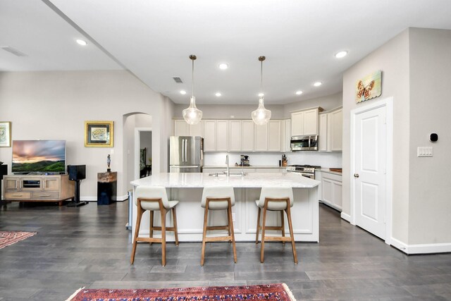 kitchen featuring an island with sink, stainless steel appliances, dark hardwood / wood-style floors, pendant lighting, and light stone counters