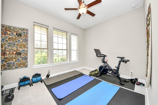 workout area featuring ceiling fan, a wealth of natural light, and carpet flooring