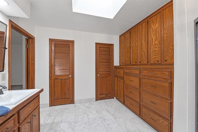 bathroom with a skylight and vanity