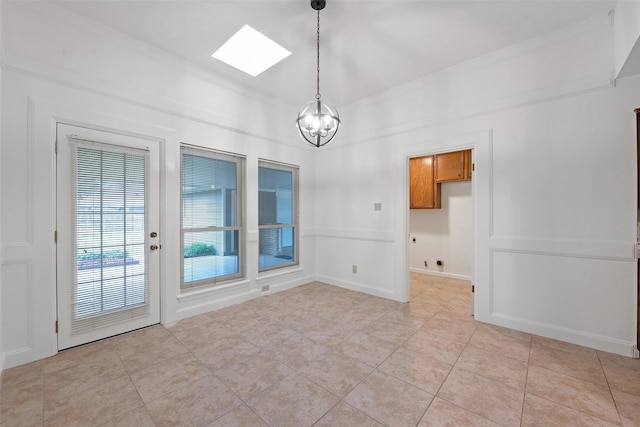 unfurnished dining area featuring light tile patterned floors, a skylight, and an inviting chandelier