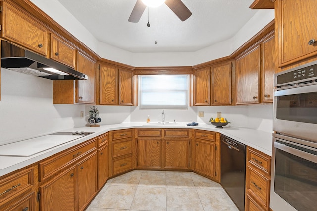 kitchen featuring stainless steel double oven, dishwasher, sink, electric cooktop, and ceiling fan