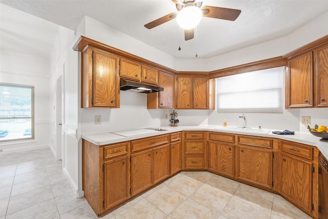 kitchen featuring dishwashing machine, sink, electric cooktop, ceiling fan, and light tile patterned floors