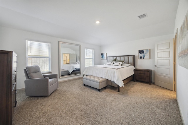 bedroom featuring carpet, visible vents, baseboards, and recessed lighting