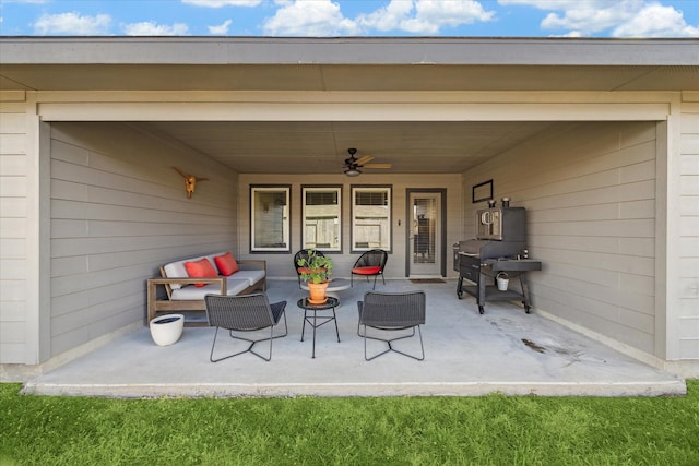 view of patio with ceiling fan and outdoor lounge area