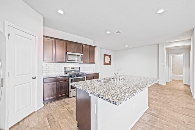 kitchen featuring light stone countertops, stainless steel appliances, an island with sink, sink, and backsplash