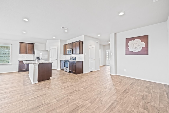 kitchen with light wood-type flooring, appliances with stainless steel finishes, decorative backsplash, and a kitchen island with sink