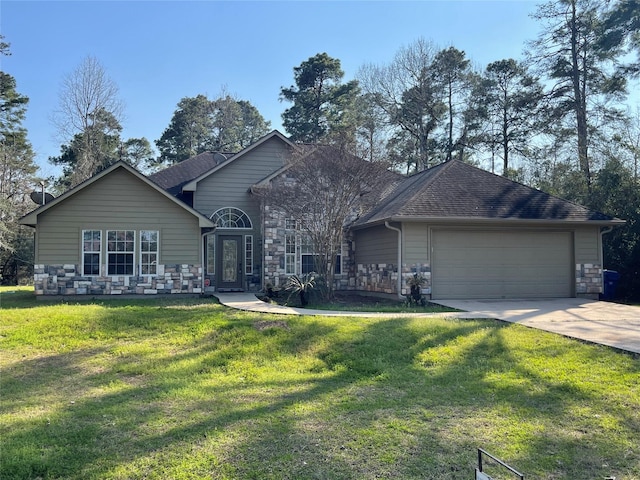 single story home featuring concrete driveway, a front lawn, an attached garage, and stone siding