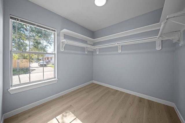 walk in closet with light hardwood / wood-style flooring