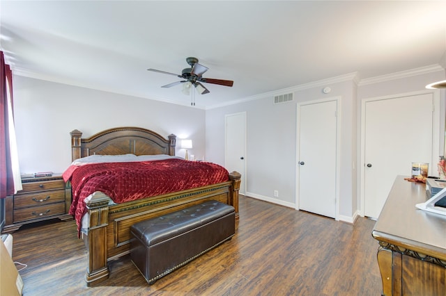 bedroom with ceiling fan, dark hardwood / wood-style flooring, and ornamental molding