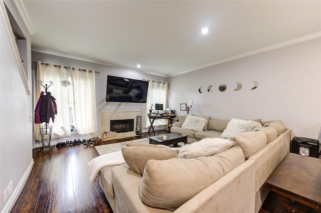 living room featuring crown molding, a fireplace, and wood-type flooring