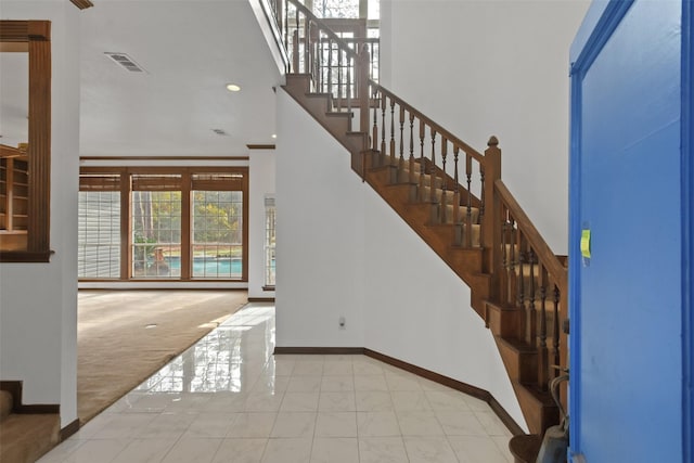 staircase featuring carpet floors