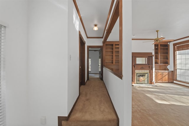 corridor featuring carpet, ornamental molding, and built in features