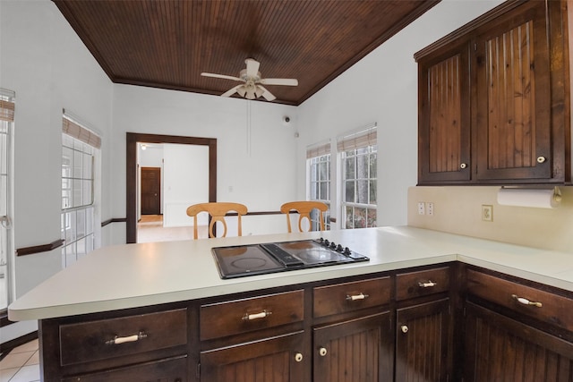 kitchen with wood ceiling, kitchen peninsula, black electric stovetop, ornamental molding, and dark brown cabinetry