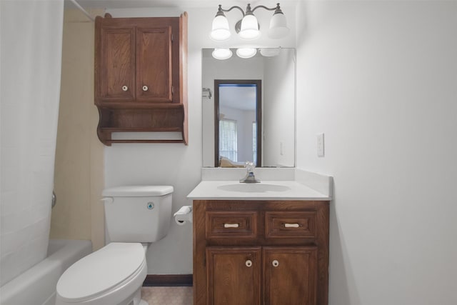 full bathroom featuring toilet, vanity, and shower / bathtub combination with curtain