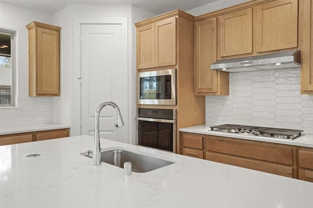 7462 Cattail Falls Ln, Porter, TX 77365 - kitchen with under cabinet range hood, appliances with stainless steel finishes, a sink, and decorative backsplash