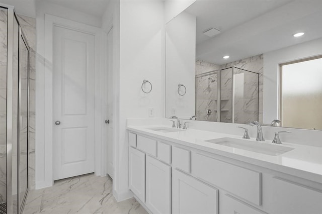 7462 Cattail Falls Ln, Porter, TX 77365 - full bathroom featuring marble look tiles, a marble finish shower, double vanity, and recessed lighting
