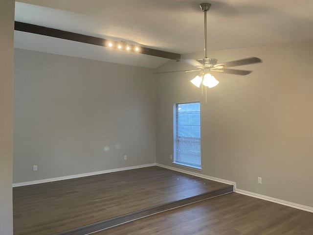 unfurnished room featuring dark wood-type flooring, vaulted ceiling with beams, and ceiling fan