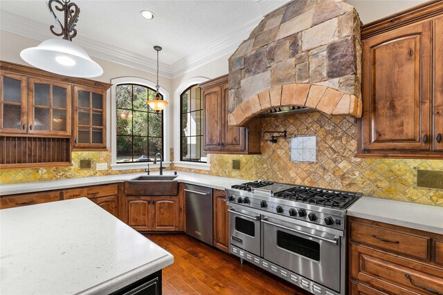 kitchen featuring premium range hood, appliances with stainless steel finishes, backsplash, hanging light fixtures, and sink