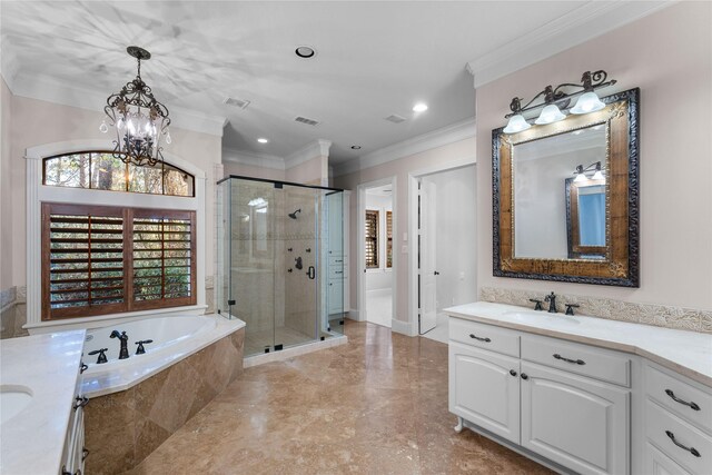 bathroom featuring a chandelier, ornamental molding, separate shower and tub, and vanity