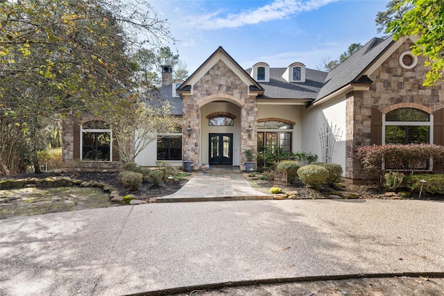 view of front of house with french doors, stone siding, and stucco siding