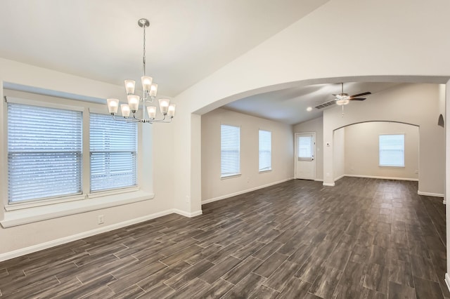 7535 Cypress Pin Oak Dr, Cypress, TX 77433 - spare room with arched walkways, dark wood-style floors, lofted ceiling, and visible vents