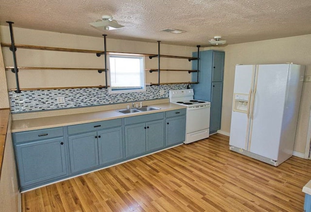 kitchen with white appliances, blue cabinetry, open shelves, and a sink