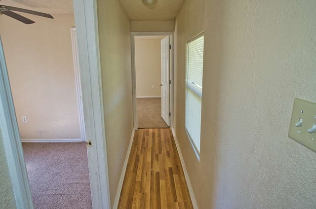 hall featuring carpet floors, baseboards, wood finished floors, and a textured wall