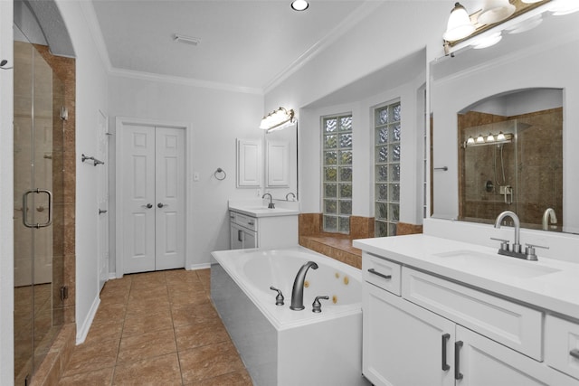 bathroom featuring vanity, independent shower and bath, tile patterned floors, and crown molding