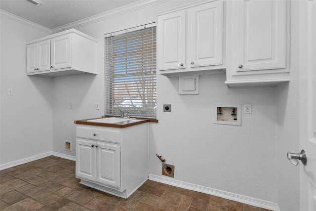 laundry room with hookup for a gas dryer, electric dryer hookup, sink, ornamental molding, and hookup for a washing machine