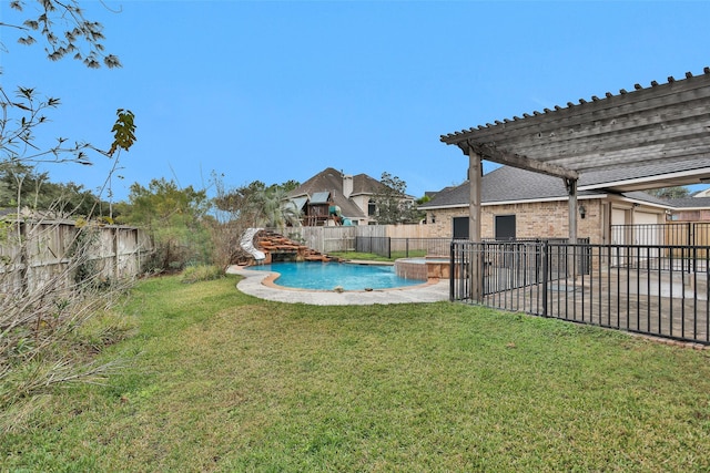 view of yard featuring a pergola, a fenced in pool, and a patio