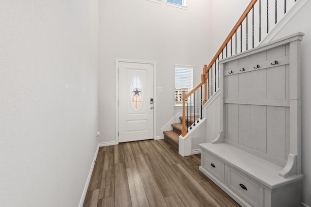 mudroom featuring light hardwood / wood-style floors and a high ceiling