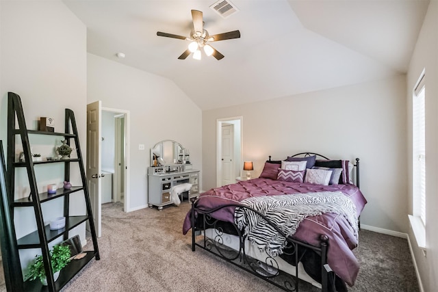 carpeted bedroom featuring ceiling fan and lofted ceiling