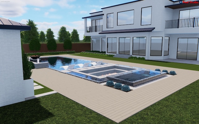 view of swimming pool featuring a yard