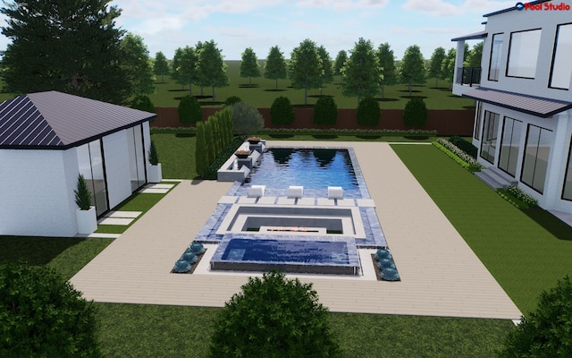 view of swimming pool featuring a patio area and a lawn