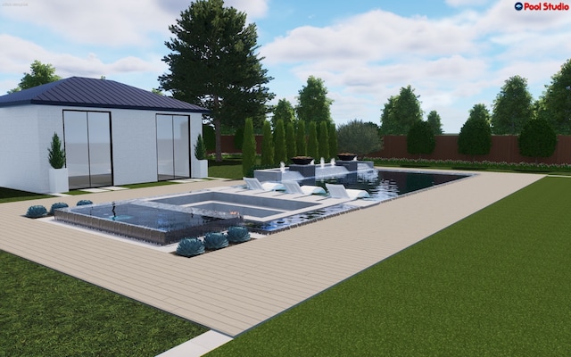 view of pool featuring an in ground hot tub and an outdoor structure