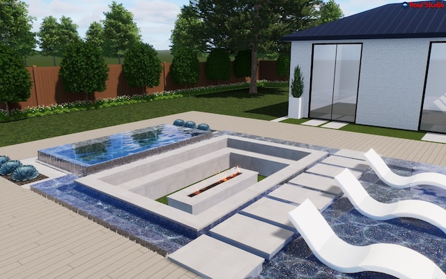 view of pool featuring an outdoor structure, an outdoor fire pit, a jacuzzi, and a yard