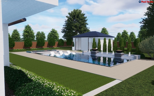 view of swimming pool with a lawn and an outdoor structure